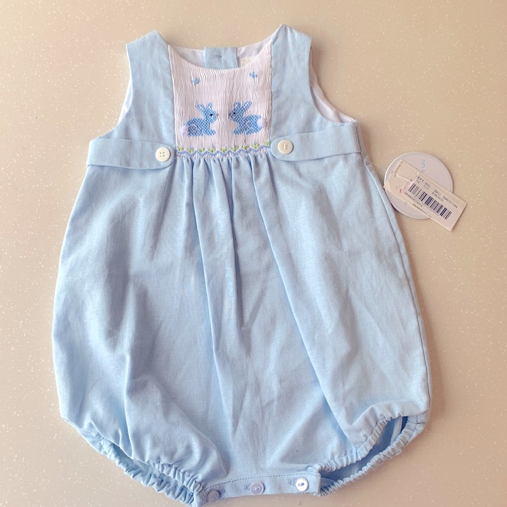 NWT Edgehill Linen Baby Blue Bunny Bubble Romper with Smocking Size 3-6 Months